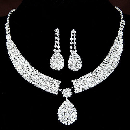 Gorgeous Fashion Choker Necklace for Women Earrings White Crystal Wedding Jewelery Nigerian Bridal Jewelry Sets Collar