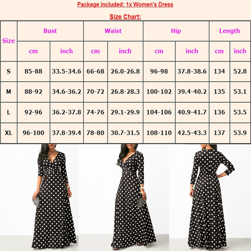 Women Polka Dot Long Sleeve Boho Dress Elegant Vintage Women Dresses Evening Party V Neck Maxi Long Dress Fashion Ladies Dresses