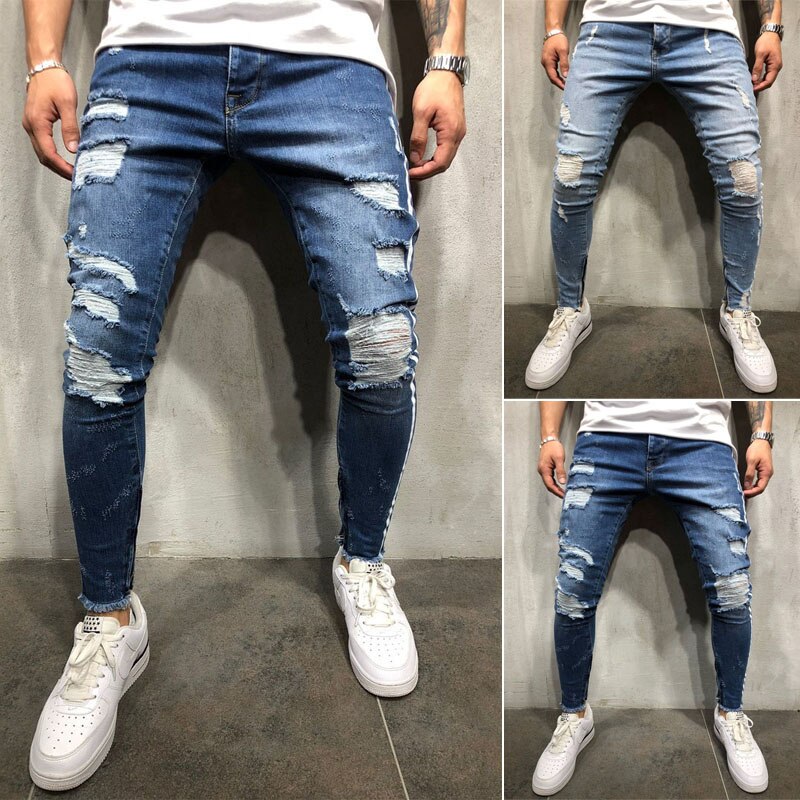 2019 New Brand Fashion Fashion Men's Ripped Skinny Jeans Destroyed Frayed Slim Fit Denim Pant Zipper US