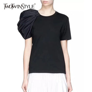 TWOTWINSTYLE Women's T-shirts Puff Short Sleeve O Neck Patchwork Asymmetrical Tops Female Summer Casual 2020 Fashion Clothes