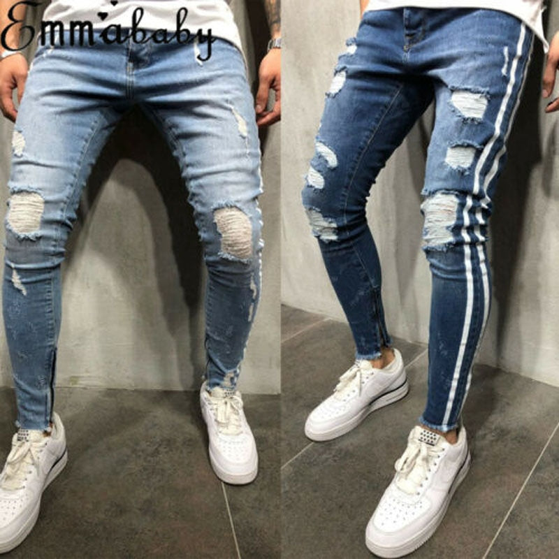 2019 New Brand Fashion Fashion Men's Ripped Skinny Jeans Destroyed Frayed Slim Fit Denim Pant Zipper US