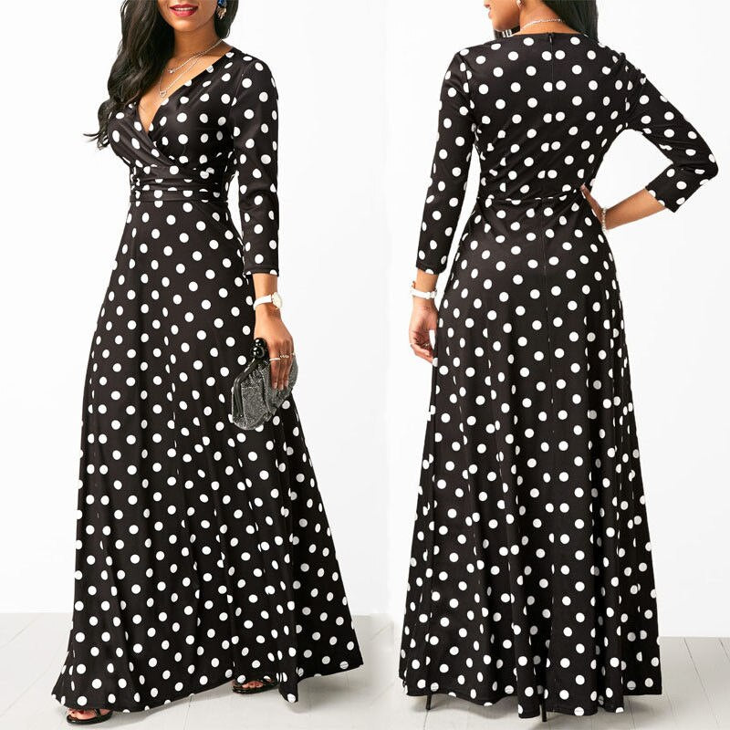 Women Polka Dot Long Sleeve Boho Dress Elegant Vintage Women Dresses Evening Party V Neck Maxi Long Dress Fashion Ladies Dresses