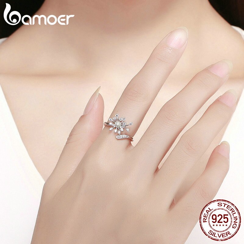 BAMOER Authentic 925 Sterling Silver Blooming Dandelion Love CZ Adjustable Rings for Women Wedding Engagement Jewelry SCR471