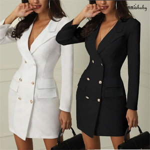 Women Blazer Dress Suit Slim Long Blazers Double Breasted Pockets Coat Elegant Office Lady Solid Autumn Formal Outerwear Tops