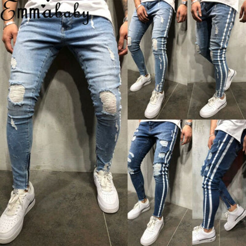 2019 New Brand Fashion Fashion Men's Ripped Skinny Jeans Destroyed Frayed Slim Fit Denim Pant Zipper US