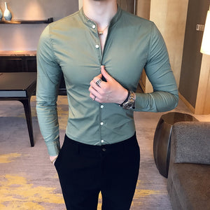 2019 New Men's Fashion Boutique Cotton Solid Color Collar Casual Business Long-sleeved Shirts Male Slim High-end Leisure Shirts