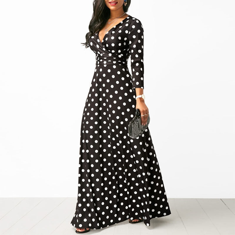 Women Polka Dot Long Sleeve Boho Dress Elegant Vintage Women Dresses Evening Party V Neck Maxi Long Dress Fashion Ladies Dresses