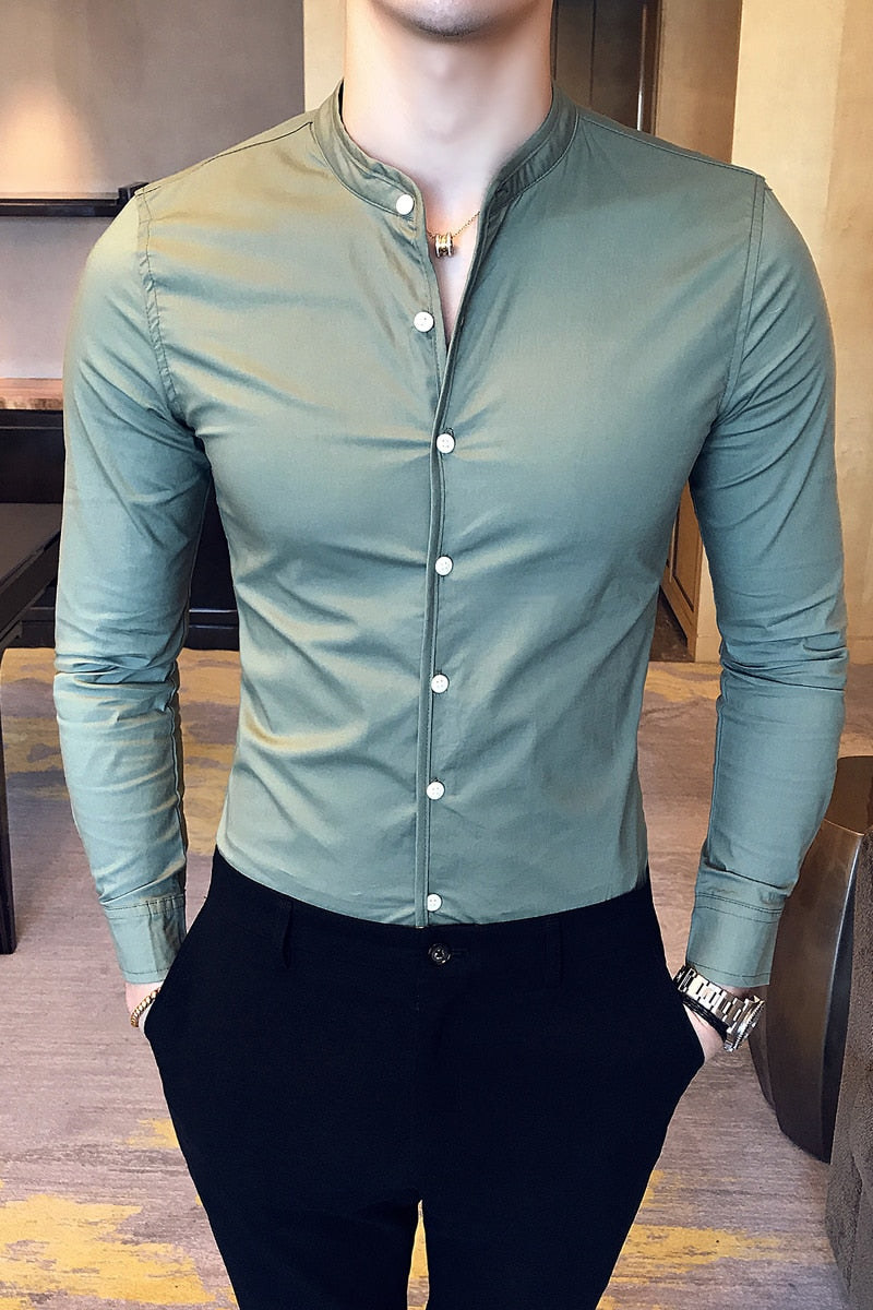 2019 New Men's Fashion Boutique Cotton Solid Color Collar Casual Business Long-sleeved Shirts Male Slim High-end Leisure Shirts