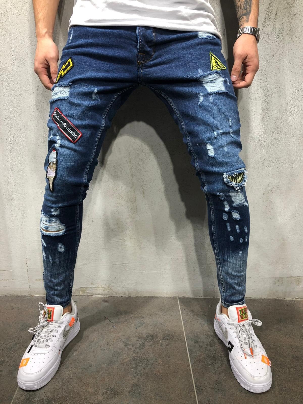 Fashion New Male hole badge embroidery denim trousers pants Men's streetwear hiphop skinny Casual Patch Jeans