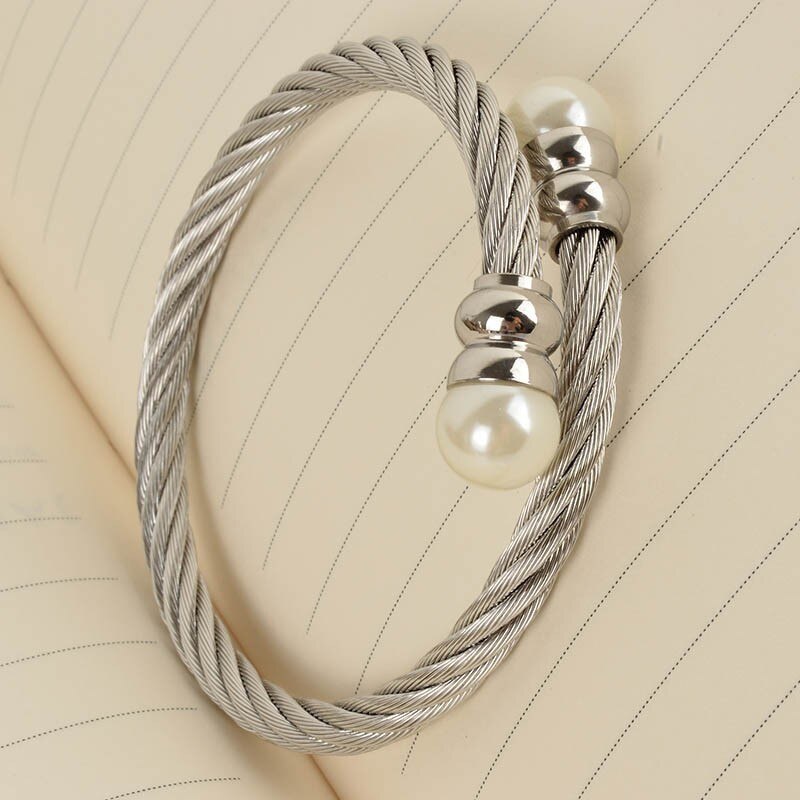 New Women Cable Bangles Gold 316l Stainless Steel Bracelet Fashion Pearl Jewelry