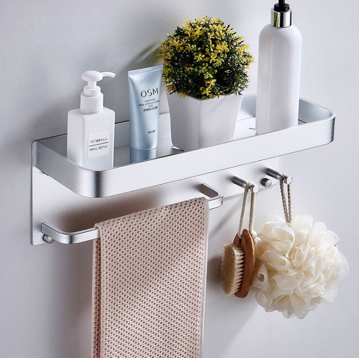 Black Space Aluminum Bathroom Shelves With Hooks Wall Mount Bathroom Shelf Bath Storage Rack Towel Holder