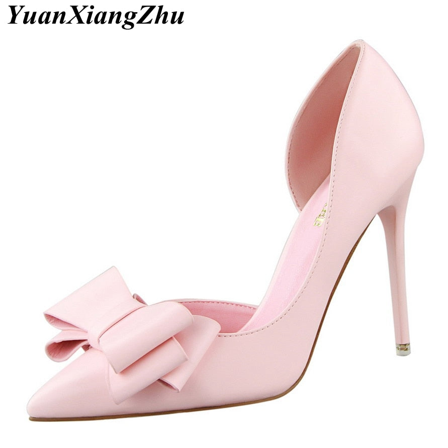 High Quality Women Pumps Sexy High Heels Wedding Shoes Pointed Toe Stiletto Bow Shoes Female 2018 Fashion Women Heel Shoes Pink