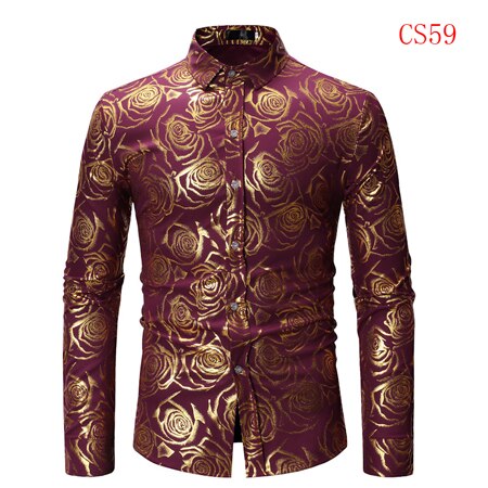 Mens Gold Rose Floral Print Shirts 2019 Brand Floral Steampunk Chemise White Long Sleeve Wedding Party Bronzing Camisa Masculina