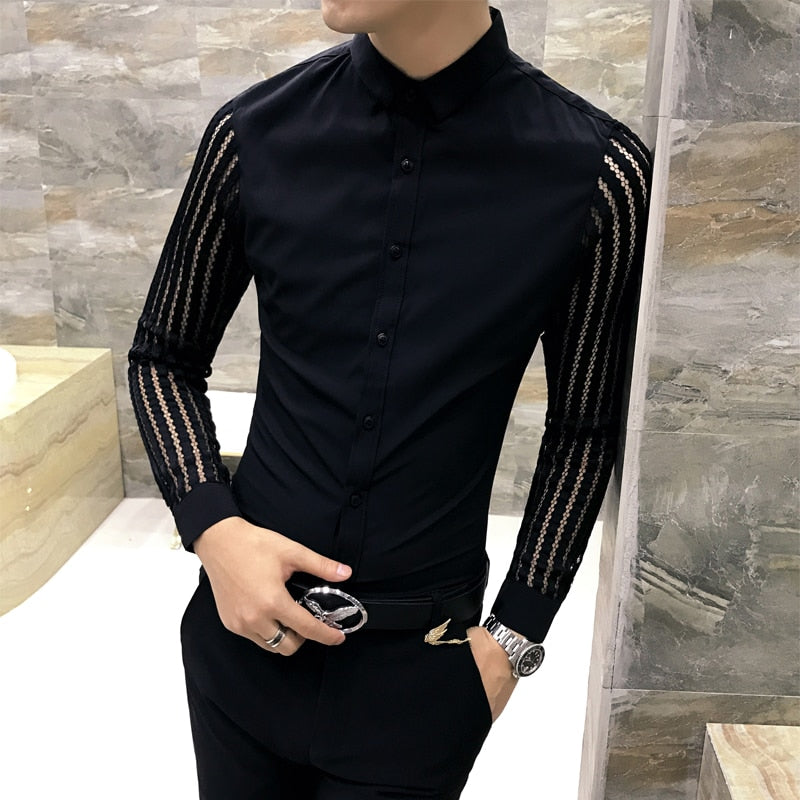 2021 New Mens Black White Lace Hollow Patchwork Shirt Long Sleeve Luxury Party Promshirt Men's Petticoat Nightclub Dress Tuxedo