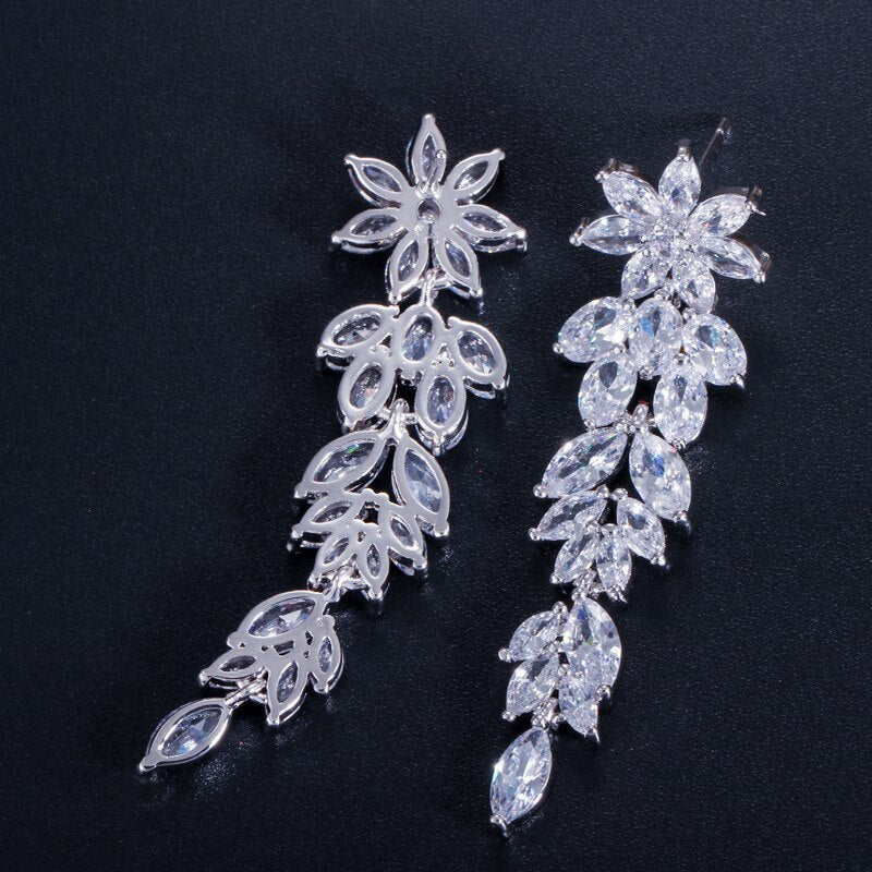 CWWZircons Luxury Marquise Cluster Flower Shape Cubic Zirconia Long Dangle Drop Earrings for Brides Wedding Jewelry CZ432