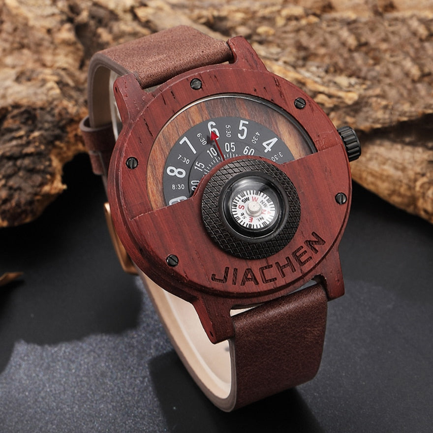 Unique Compass Turntable Number Design Mens Wooden Watch Men Brown Wood Leather Band Creative Natural Wood Wrist Watches Relogio