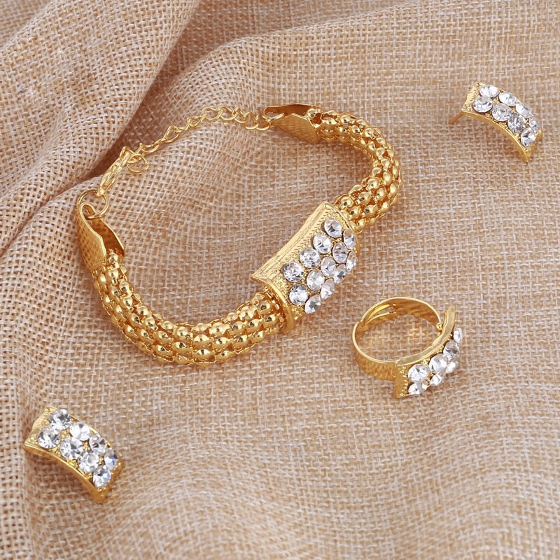 Amazing Price Wedding Gold Plate Jewelry Sets For Women Pendant Statement African Beads Crystal Necklace Earrings Bracelet Rings