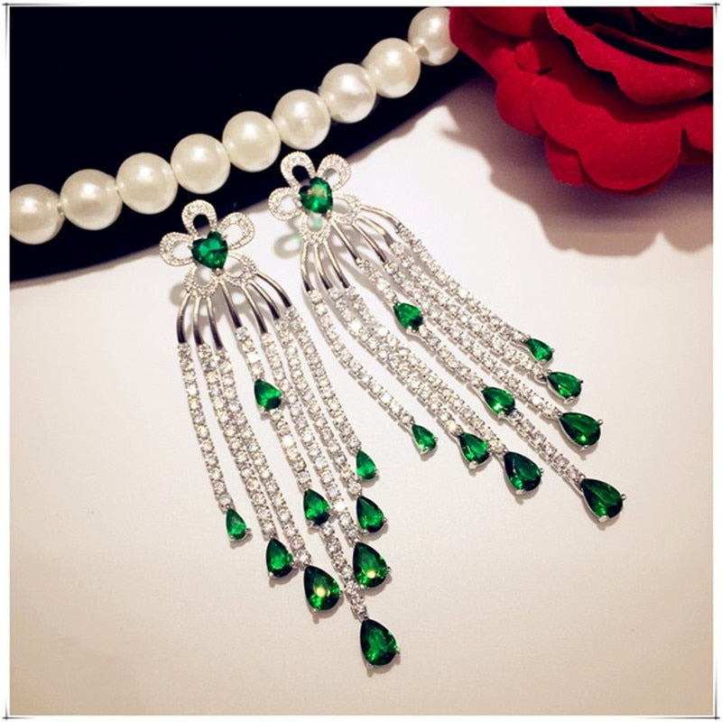 925 Sterling Drop Earrings For Women Artificial Emerald Vintage Fine Jewelry Cubic Zirconia Green Stone Luxury Eardrop Brincos