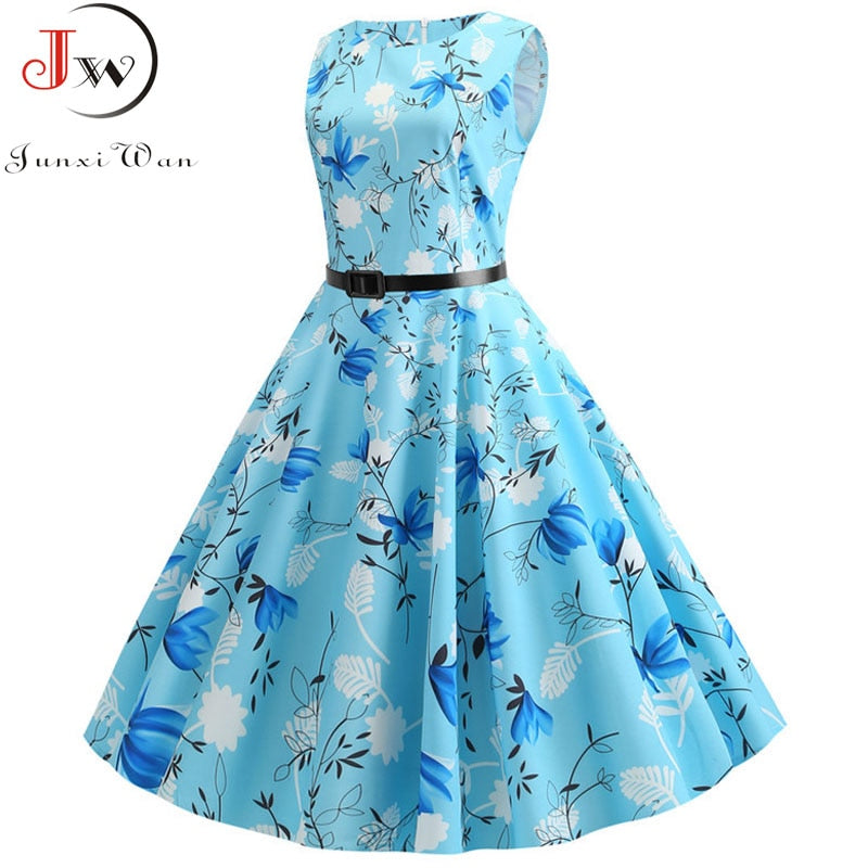 Summer Dress Women Sleeveless Floral Print Vintage Dress Casual Tank Retro 50s 60s Robe Rockabilly Chic Party Dresses Vestidos