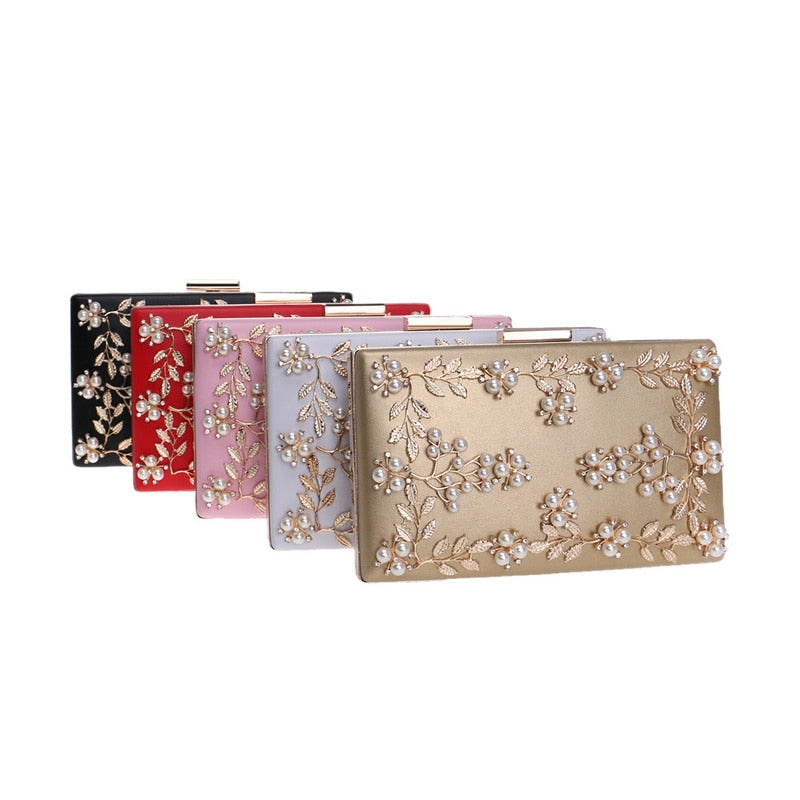 Fashion New Women Evening Clutch Bags PU Chain Shoulder Handbags Leaf Metal Beaded Evening Purse Messenger Bags