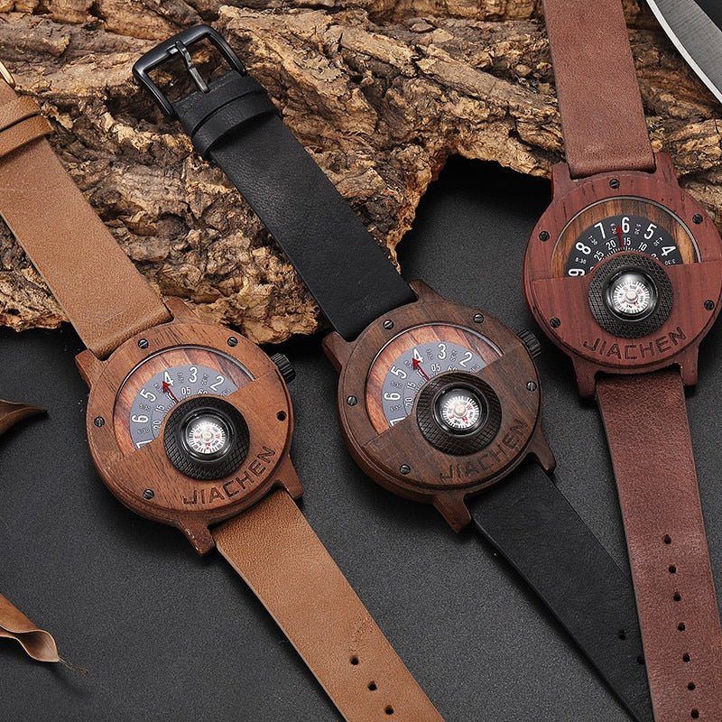 Unique Compass Turntable Number Design Mens Wooden Watch Men Brown Wood Leather Band Creative Natural Wood Wrist Watches Relogio