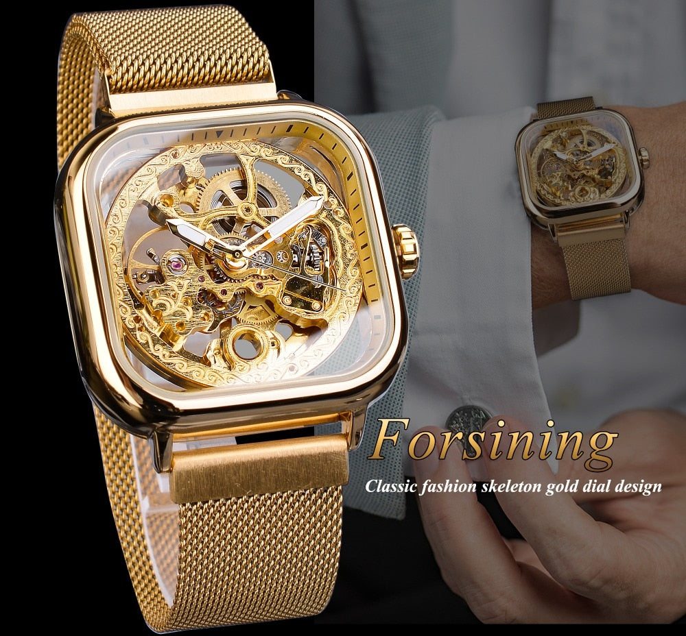 Forsining Golden Men Automatic Watch Square Skeleton Mesh Steel Band Mechanical Business Clock Relogio Masculino Erkek Kol Saati