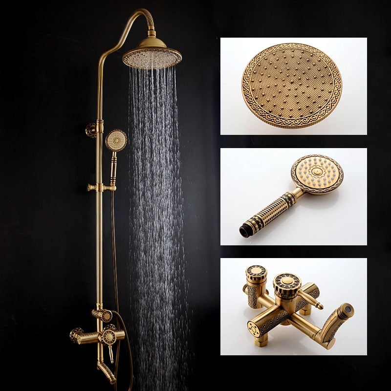 Shower Faucets Antique Bathroom Shower Set Bath Rain Shower Wall Mounted Hand Held Brass Shower Head Chuveiro Do Banheiro 9712