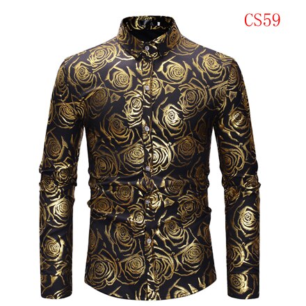 Mens Gold Rose Floral Print Shirts 2019 Brand Floral Steampunk Chemise White Long Sleeve Wedding Party Bronzing Camisa Masculina