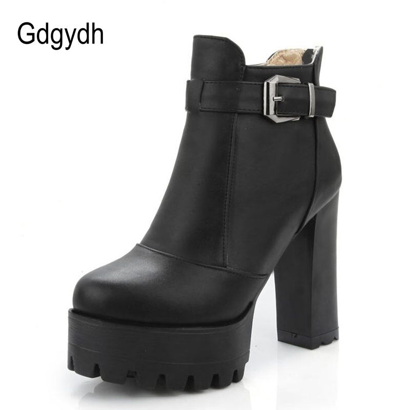 Gdgydh Women Platform Heels Ankle Boots Zipper High Heels Female Booties Shoes Black Round Toe Ladies Shoes Big Size 2022 Autumn