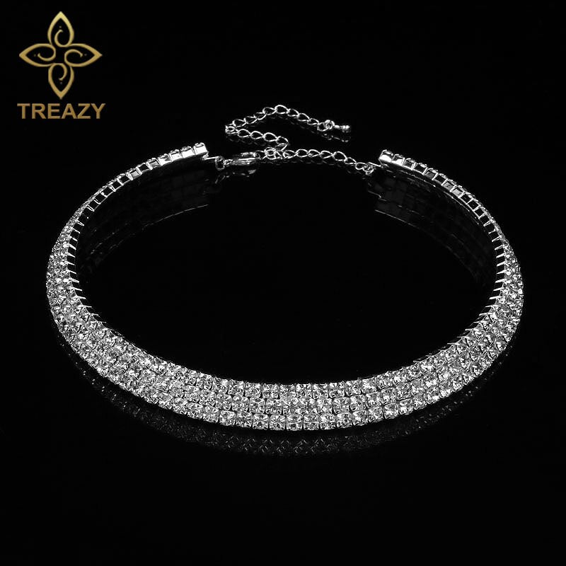 TREAZY Women Diamante Rhinestone Choker Necklace Silver Color Wedding Bridal Party Crystal Collar Choker Chain Necklace Jewelry