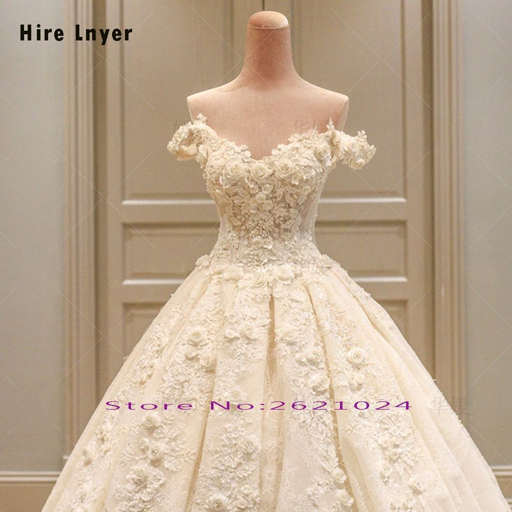 Custom Made Off The Shoulder princess ballgown Beading Appliques Lace Flowers Princess Ball Gown Wedding Dresses Plus Size