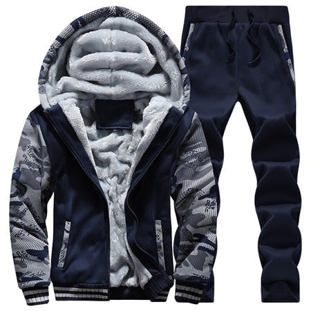 Winter Inner Fleece Hoodies Men New Casual Hooded Warm Sweatshirts Male Thicken Tracksuit 2PC Jacket+Pant Men Moleton Masculino