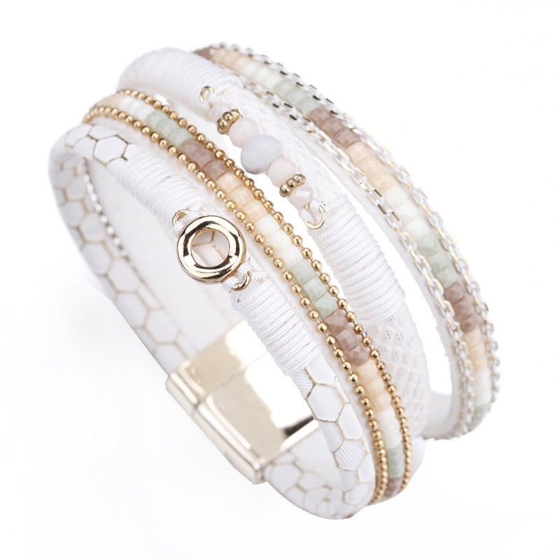 ALLYES White Leather Bracelets for Women Jewelry Trendy Round Metal Charm Rhinestone Crystal Wide Multilayer Bracelet Female