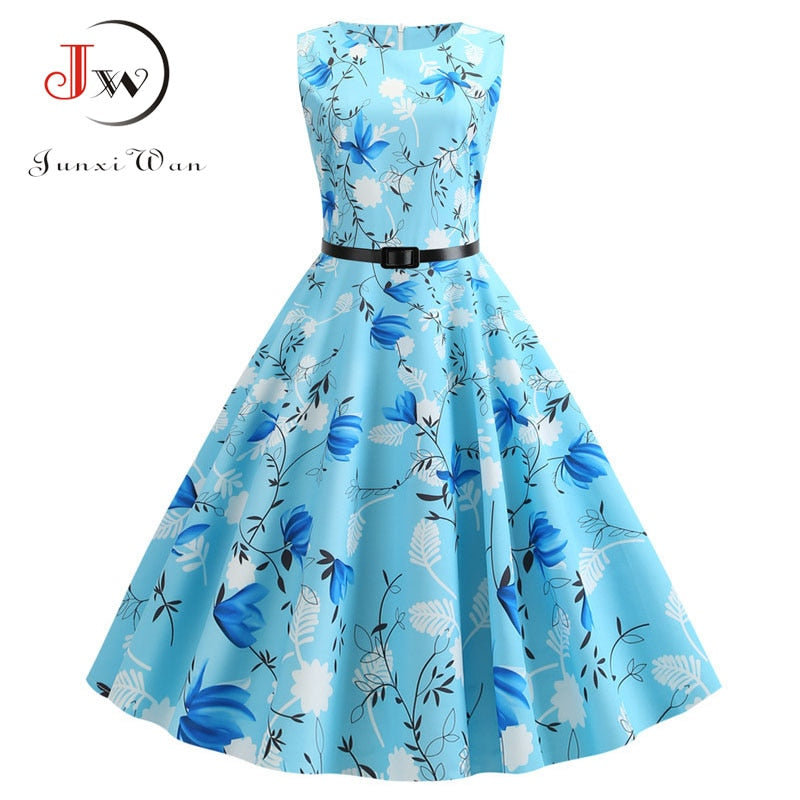 Summer Dress Women Sleeveless Floral Print Vintage Dress Casual Tank Retro 50s 60s Robe Rockabilly Chic Party Dresses Vestidos