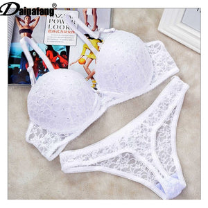 New Sexy Lace Drill Bra Sets Push Up Underwear For Womens 34/75 36/80 38/85 40/90 42/95 BCDE Cup Plus Size Lingerie Thong