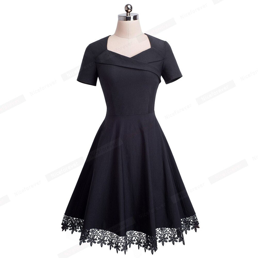 Nice-forever Elegant Embroidery Black Lace Dresses Short Sleeve Swing Flare Women Dress btyA032