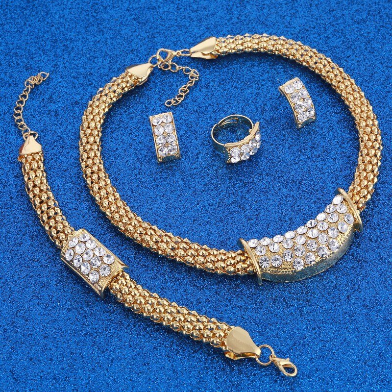 Amazing Price Wedding Gold Plate Jewelry Sets For Women Pendant Statement African Beads Crystal Necklace Earrings Bracelet Rings