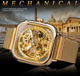 Forsining Golden Men Automatic Watch Square Skeleton Mesh Steel Band Mechanical Business Clock Relogio Masculino Erkek Kol Saati