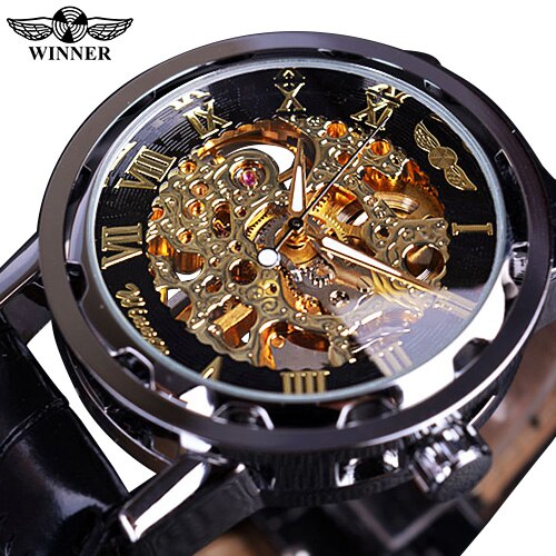 Winner Black Gold Male Clock Men Relogios Skeleton Mens Watches Top Brand Luxury Montre Leather Wristwatch Men Mechanical Watch