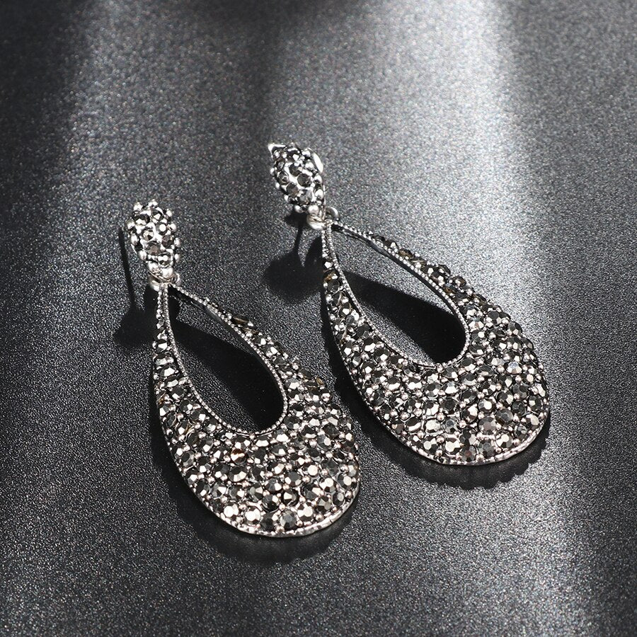 Kinel Luxury Bright Crystal Drop Earrings For Women Antique Tibetan Silver Party Accessories Charm Earrings Vintage Jewelry