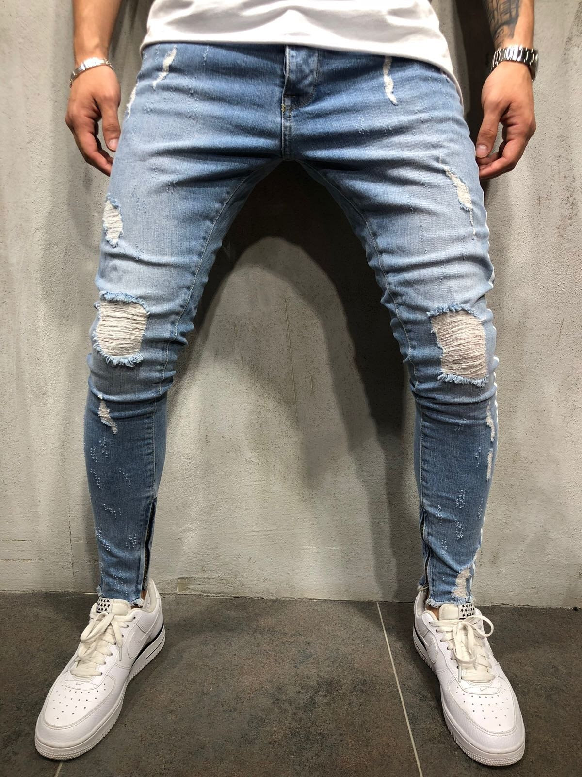 2019 New Brand Fashion Fashion Men's Ripped Skinny Jeans Destroyed Frayed Slim Fit Denim Pant Zipper US