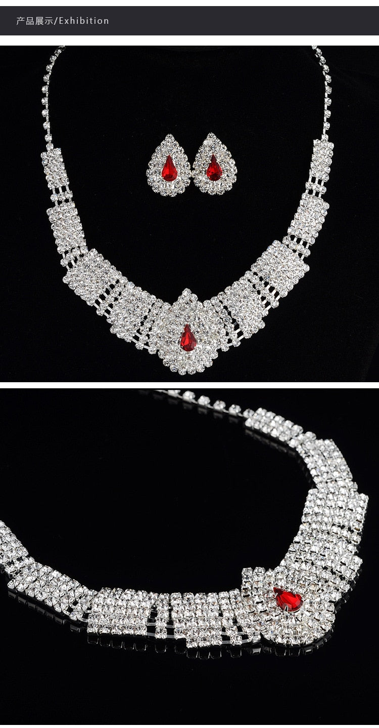 Gorgeous Fashion Choker Necklace for Women Earrings White Crystal Wedding Jewelery Nigerian Bridal Jewelry Sets Collar