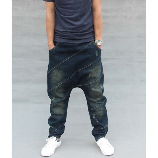 Men Baggy Denim Harem pants Male Loose Low drop Crotch Jeans Hip Hop street dance Drawstring Trousers Plus Size Joggers A60301