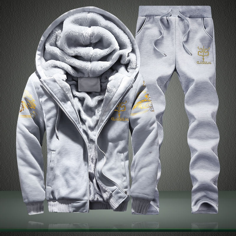 Winter Inner Fleece Hoodies Men New Casual Hooded Warm Sweatshirts Male Thicken Tracksuit 2PC Jacket+Pant Men Moleton Masculino