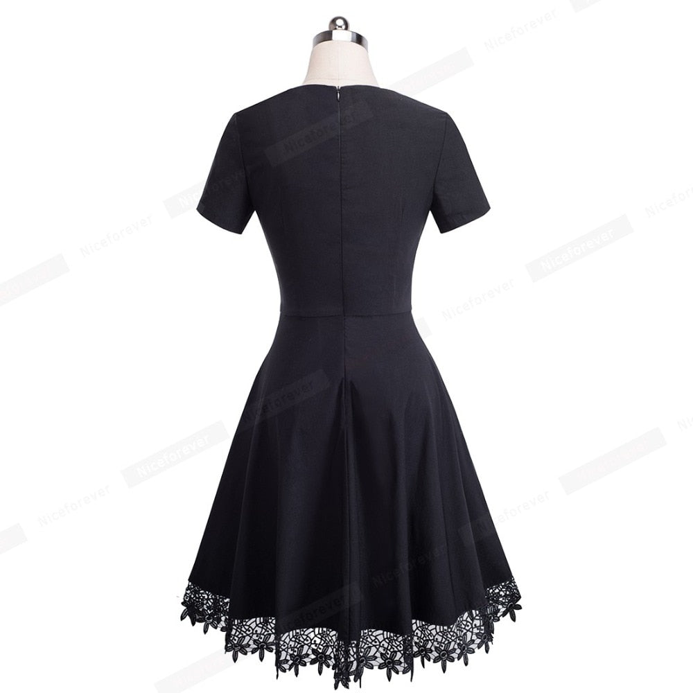 Nice-forever Elegant Embroidery Black Lace Dresses Short Sleeve Swing Flare Women Dress btyA032