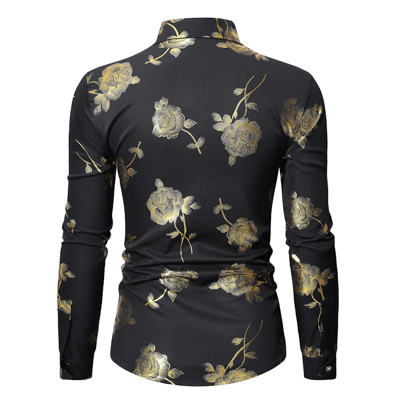 Mens Gold Rose Floral Print Shirts 2019 Brand Floral Steampunk Chemise White Long Sleeve Wedding Party Bronzing Camisa Masculina