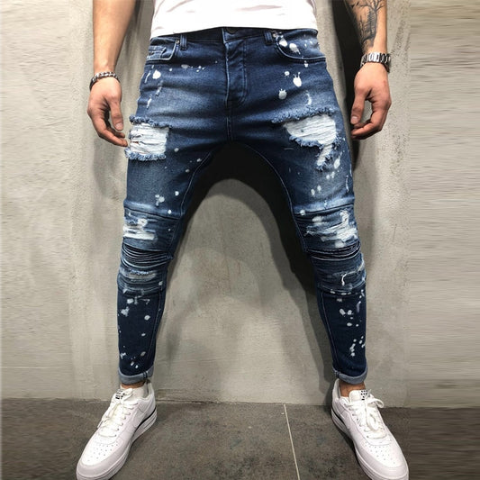 Men's Painted Skinny Slim Fit Straight Ripped Distressed Pleated Knee Patch Denim Pants Stretch Jeans