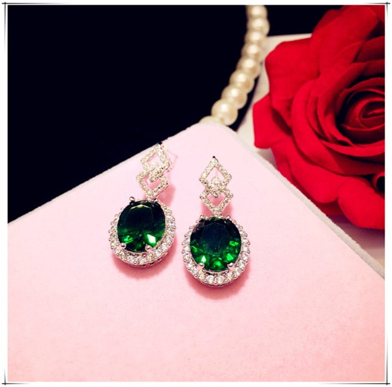 925 Sterling Drop Earrings For Women Artificial Emerald Vintage Fine Jewelry Cubic Zirconia Green Stone Luxury Eardrop Brincos