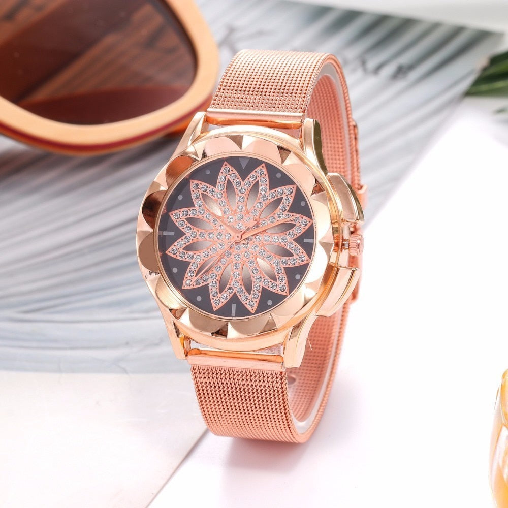 Fashion Women Rose Gold Flower Rhinestone Wrist Watches Luxury Casual Female Quartz Watch Relogio Feminino Drop Shipping