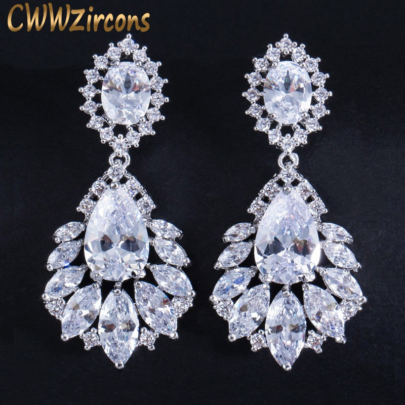 CWWZircons Elegant Chandelier AAA+ Cubic Zirconia Long Big Crystal Bridal Dangle Drop Earring for Wedding Jewelry CZ202